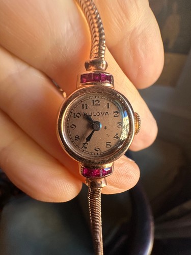 IT WORKS! ADORABLE Vintage 14K Rose Gold Bulova Watch with Simulated Rubies