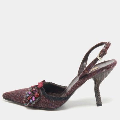 Prada Slingback-Pumps Burgunderrot Tweed Kristallverziert Größe 38