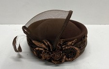 SS Women's Brown Wool Sequin Beaded Pillbox Hat Veiled Feather Vintage Style
