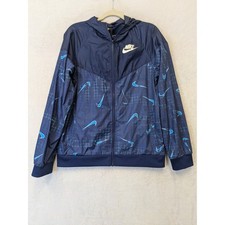 Nike Kid's Size XL Hooded Windbreaker Jacket Navy Blue Swoosh Print