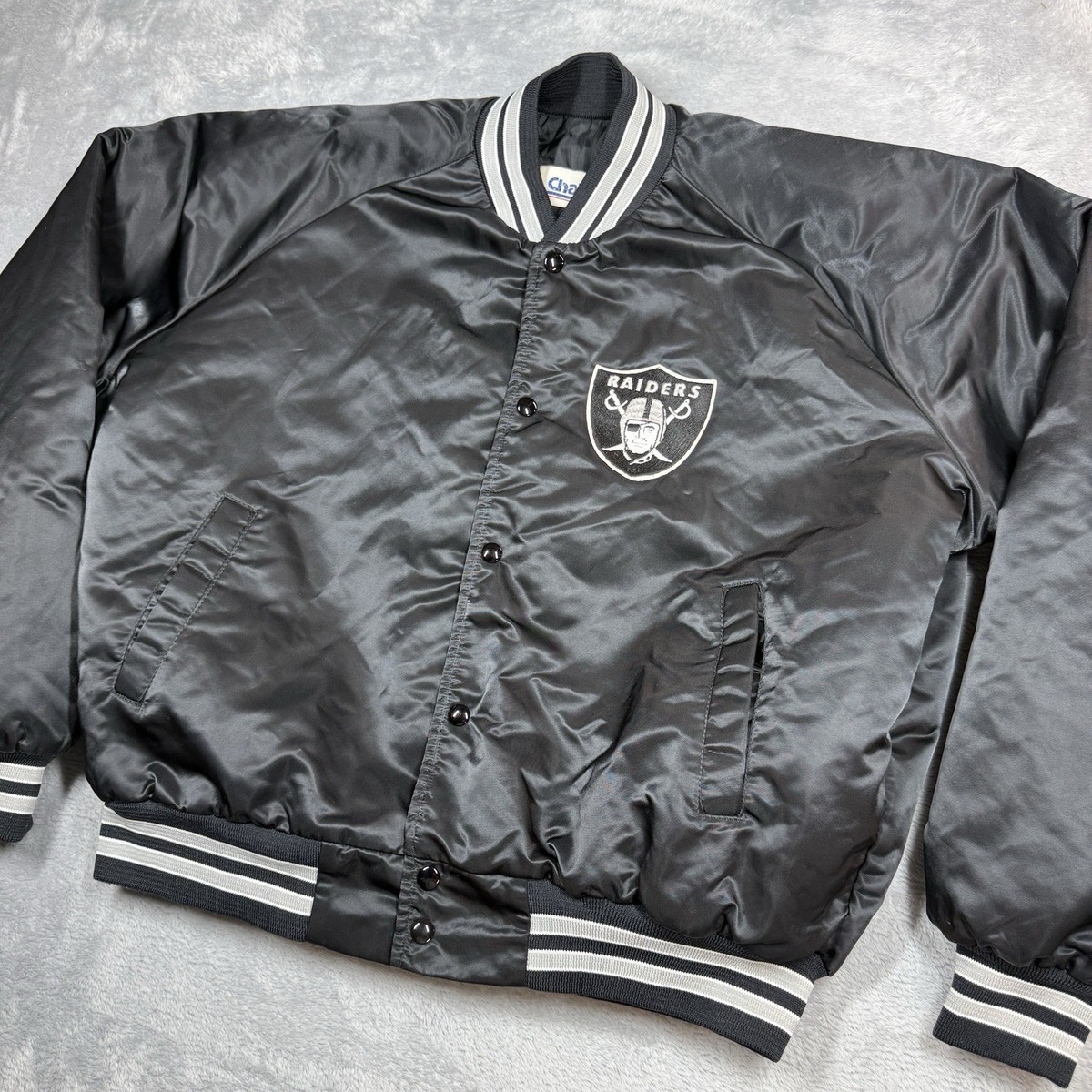 Vintage Oakland Raiders Satin Bomber Jacket Men XXL Black Chalk