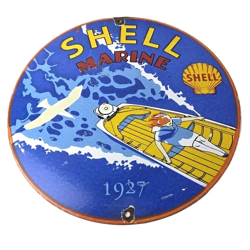 Vintage Shell Gasoline Sign - Marine Boat Porcelain Gas Pump Advertising Sign