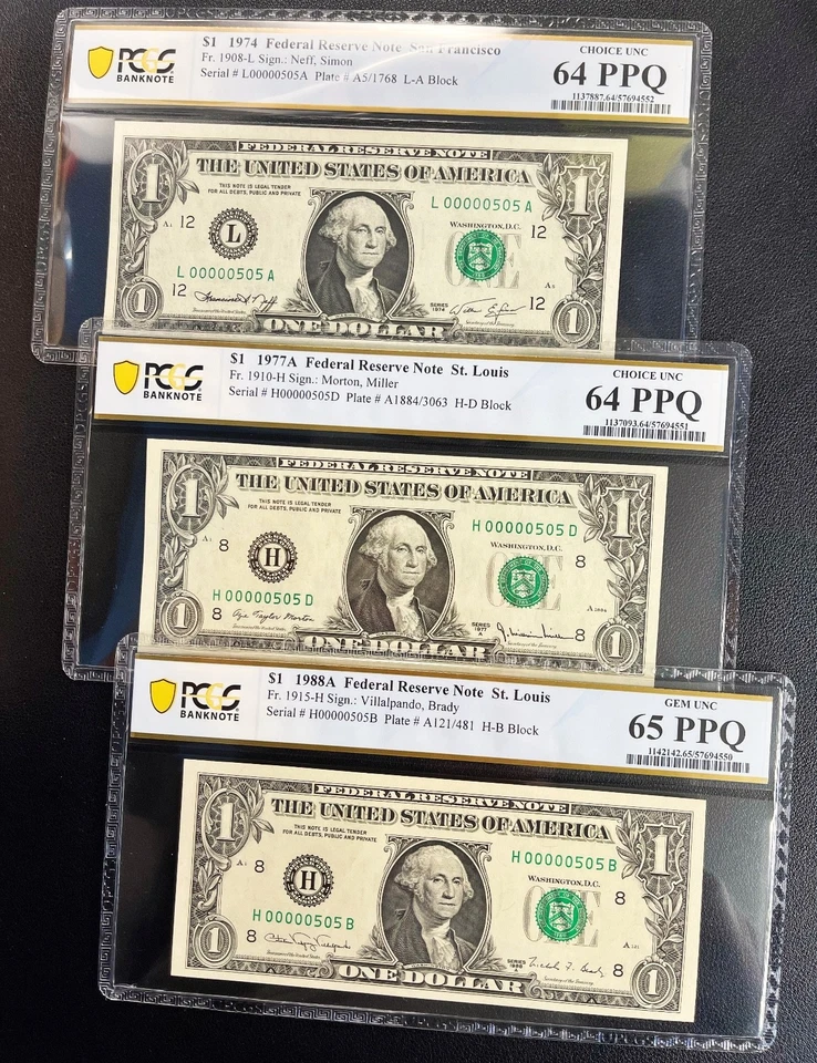 Lot (3) 1974 1977A 1988A $1 FRN "Matching Low Serial # 505" PCGS 64 PPQ 65 PPQ - Image 2 of 3