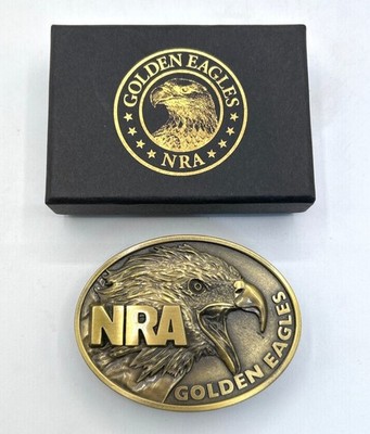 NRA Golden Eagles Belt Buckle Gold-Tone Eagle Design Oval Metal with Box