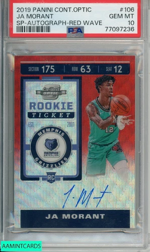 2019 PANINI CONTENDERS OPTIC JA MORANT #106 SP-AUTO-RED WAVE PSA 10 GEM MT RC