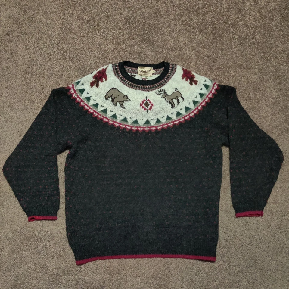Vintage Woolrich Sweater Mens XL Bear Deer Winter Christmas Wool Black Heather - Image 2 of 4