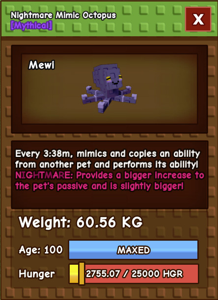 Huge Nightmare Mimic Octopus 60+Kg Grow a Garden 15s Cooldown W/ Toy Age 100