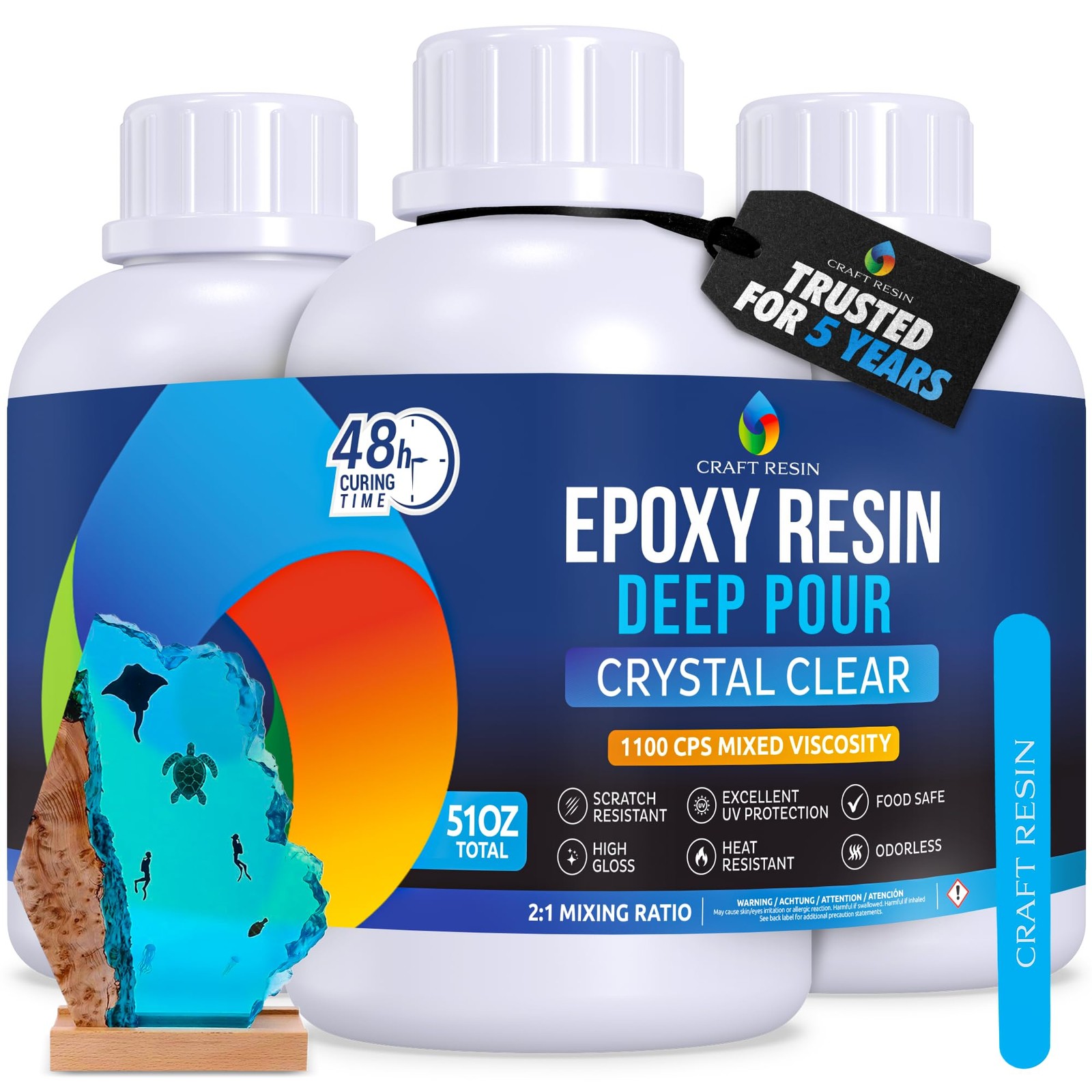 51Oz Deep Pour Epoxy Resin Kit - Crystal Clear, Food Safe, UV Resistant with Pumps
