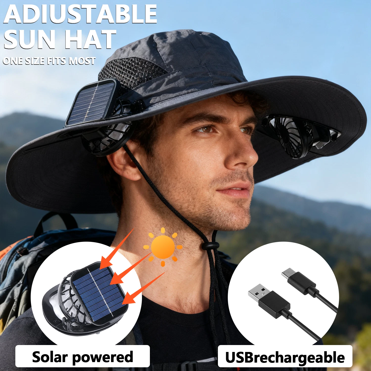 Solar & USB Powered Fan Outdoor Fishing Hat Sunscreen Sun Hat With Dual Fan New