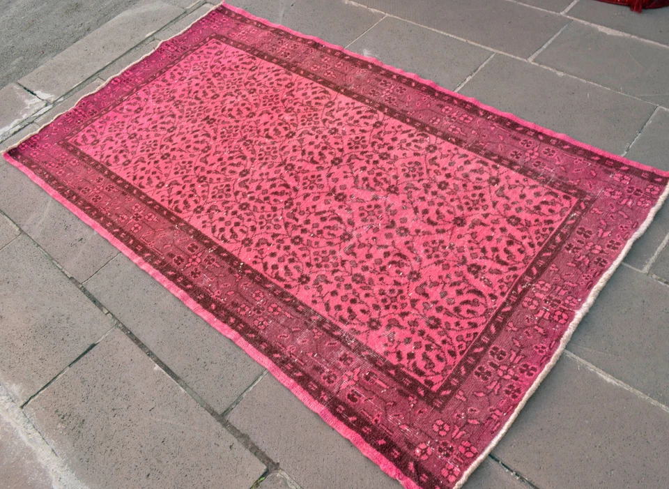 Анатолийский турецкий ковер 44 x 76 дюймов РОЗОВЫЙ ПЕРЕКРАШЕННЫЙ винтажный ковер ручной работы ковер - Изображение 4 из 4