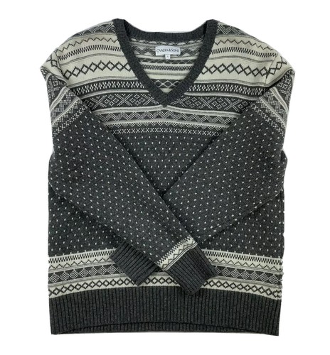 Ovadia & Sons Gray Fair Isle Mens V Neck Wool Sweater Size L NWOT