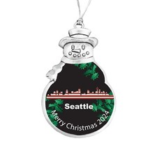 Seattle City Skyline Vacation 2024 Silver Metal Snowman Christmas Ornament Gift