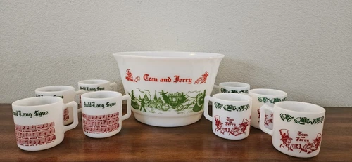 VTG Hazel Atlas Tom & Jerry Milk Glass Egg Nog Punch Bowl & 8 Matching Cups Set.
