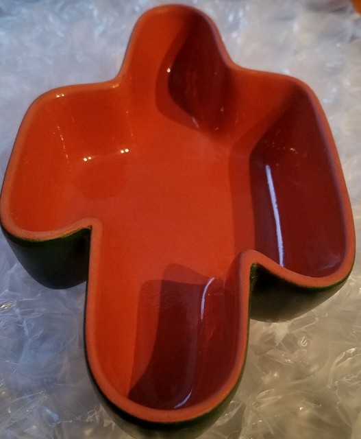 Cactus Salsa Chip Dip Bowl Green Orange Terra Cotta Glazed Ceramic