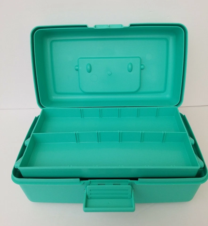 Vintage Beauticontrol Teal Green Makeup Case Tiered With Compartments 13" long - Image 3 of 4
