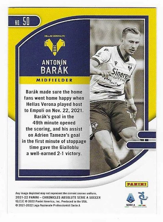 2021-22 Panini Chronicles Absolute Soccer Antonin Barak Hellas Verona #50 - Image 2 of 2