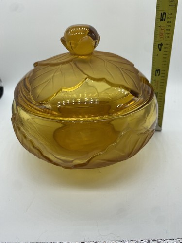 Vintage Viking Amber Frosted Satin Glass Cabbage Leaf Candy Compote w Lid Dish - Picture 12 of 13