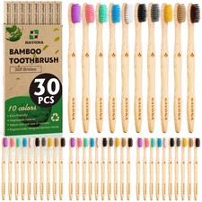Navona 30 PCS Bamboo Toothbrushes, BPA Free 1 Count Pack of 30 , 10 Colors