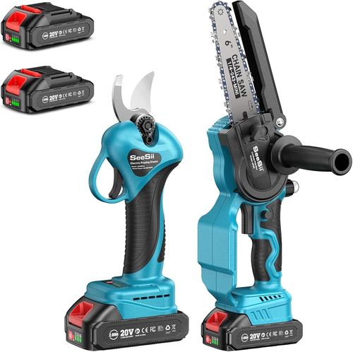 SEESII 6-Inch Mini Chainsaw with Pruning Shears 2 Batteries Blue