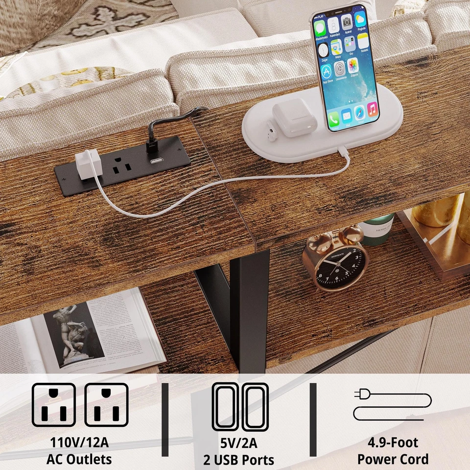 Mesa consola IRONCK con toma de corriente | 47,2 x 11,8 x 30,3 pulgadas, marrón vintage... Foto 4 de 4