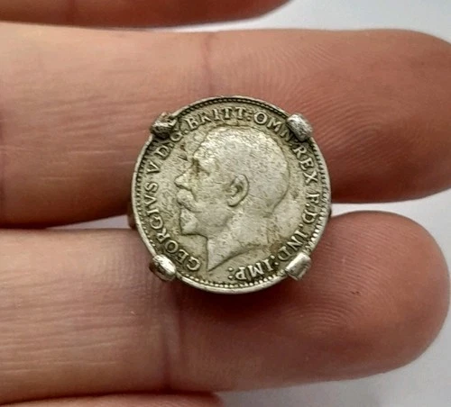 1921 Vintage English Sterling 925 Silver Threepence 3d Coin Ring - UK Size H