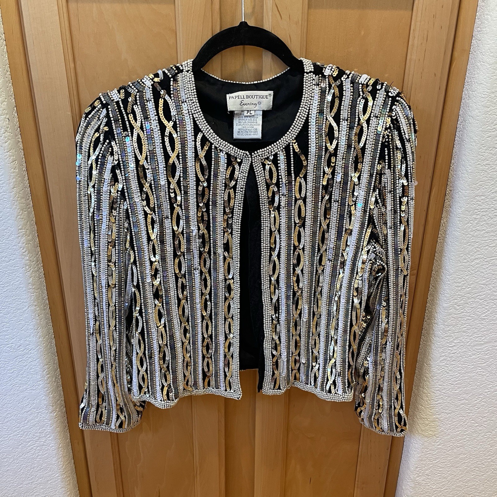 Papell Boutique Evening VTG Black and Gold Sequin and Beaded Jacket Petite Large