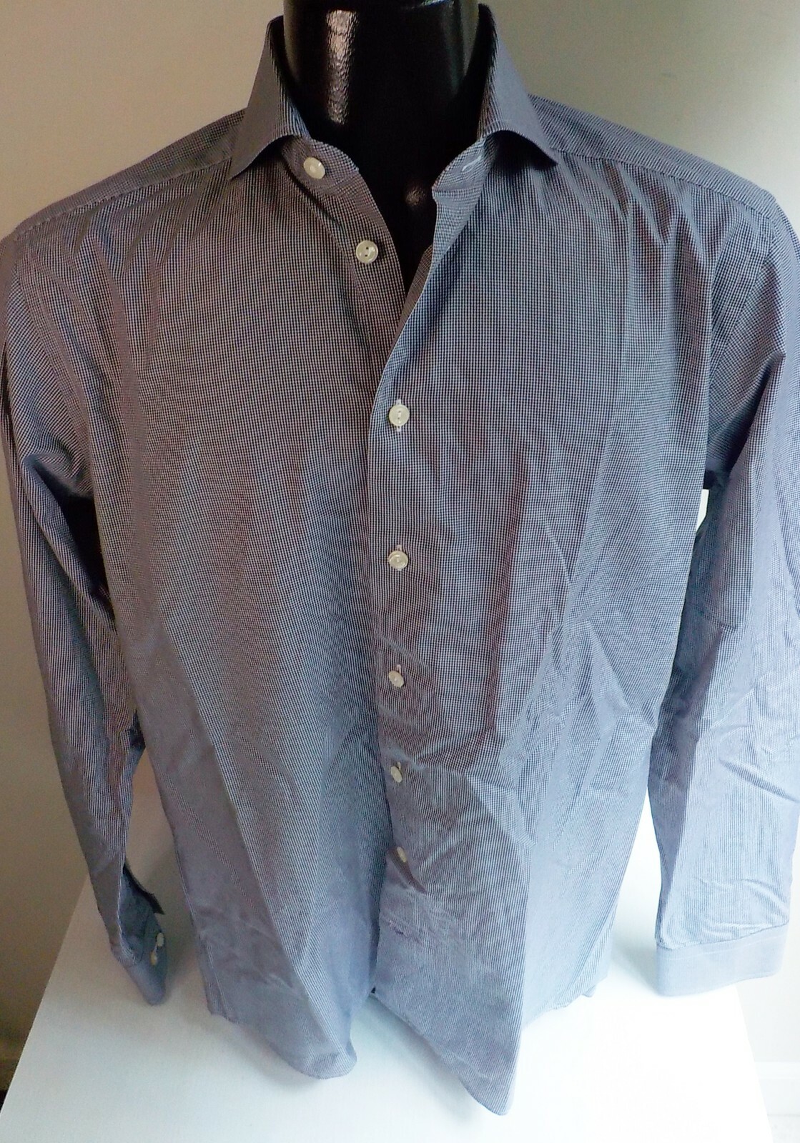 ETON Spread Collar Micro Check Dress Shirt 16 1/2 Navy and White Cotton