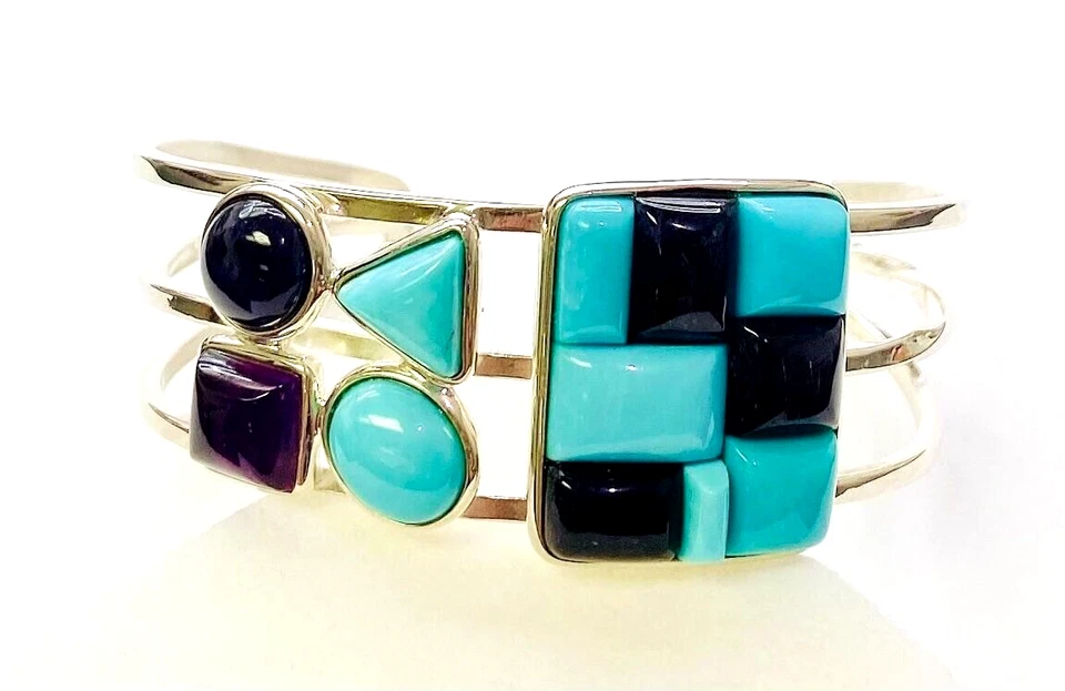 HSN Jay King 纯银画廊系列绿松石和紫水晶袖口手链  — 第 2/4 张图片