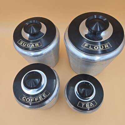 Vintage Kromex 4 Piece Canister Set Brushed Spun Aluminum Black Lids Mid Century