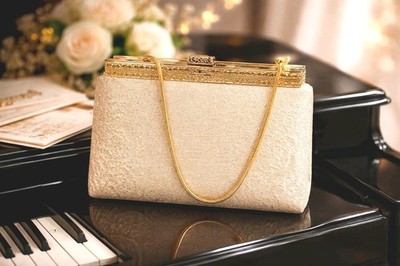VTG Japan Gold Lamè Clutch Gold Frame Ornate Clasp  Detachable Snake Chain 