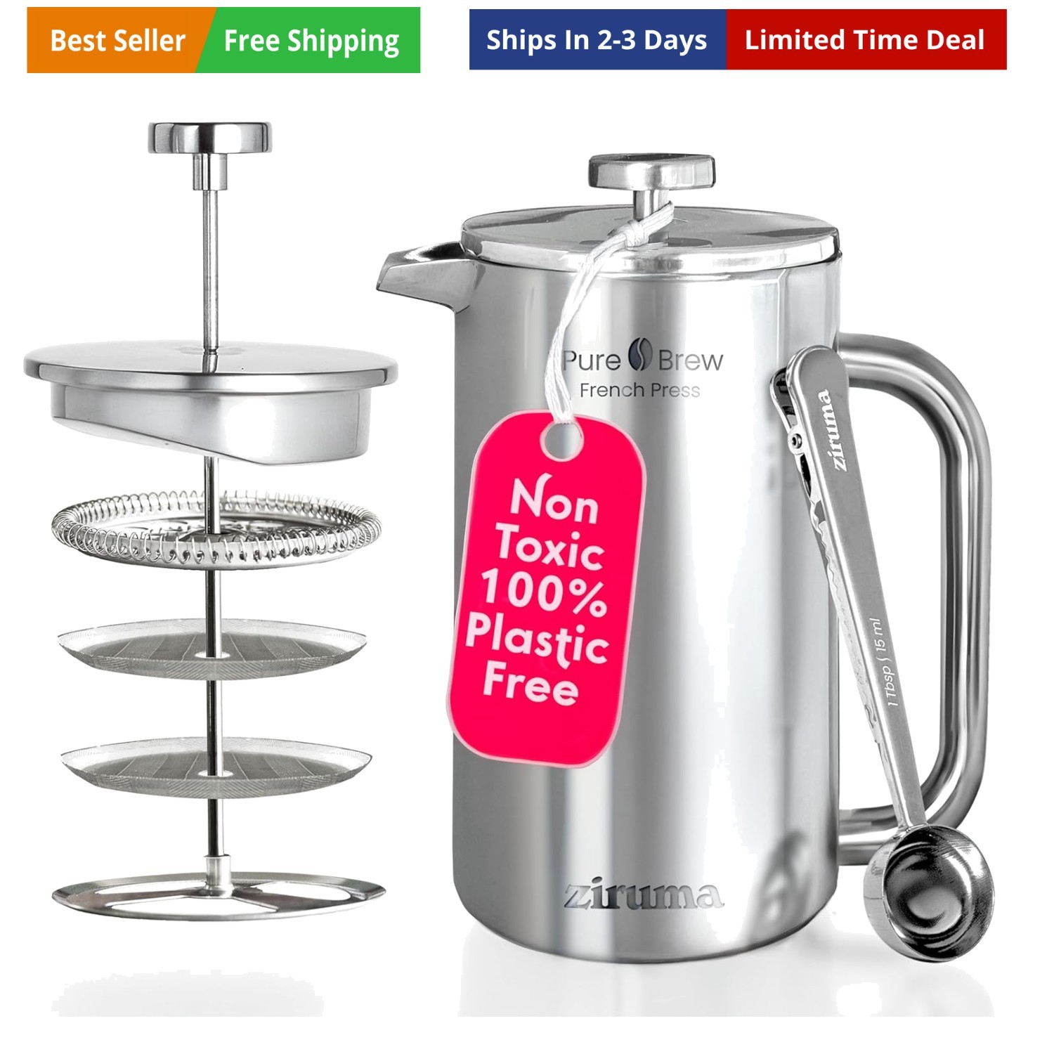 Non-Toxic French Press, Surgical Stainless Steel Coffee Press, Plastic-Free, ...