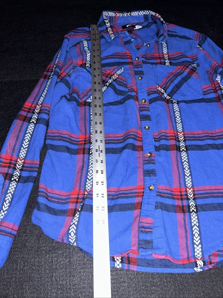BDG Mens Medium Button Down Shirt Blue/Red Plaid and Aztec Pattern - Image 2 of 4