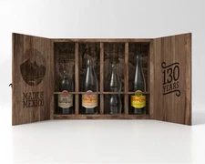 Collectible Topo Chico 130th Anniversary Glass Bottles Engraved Wood Cabinet