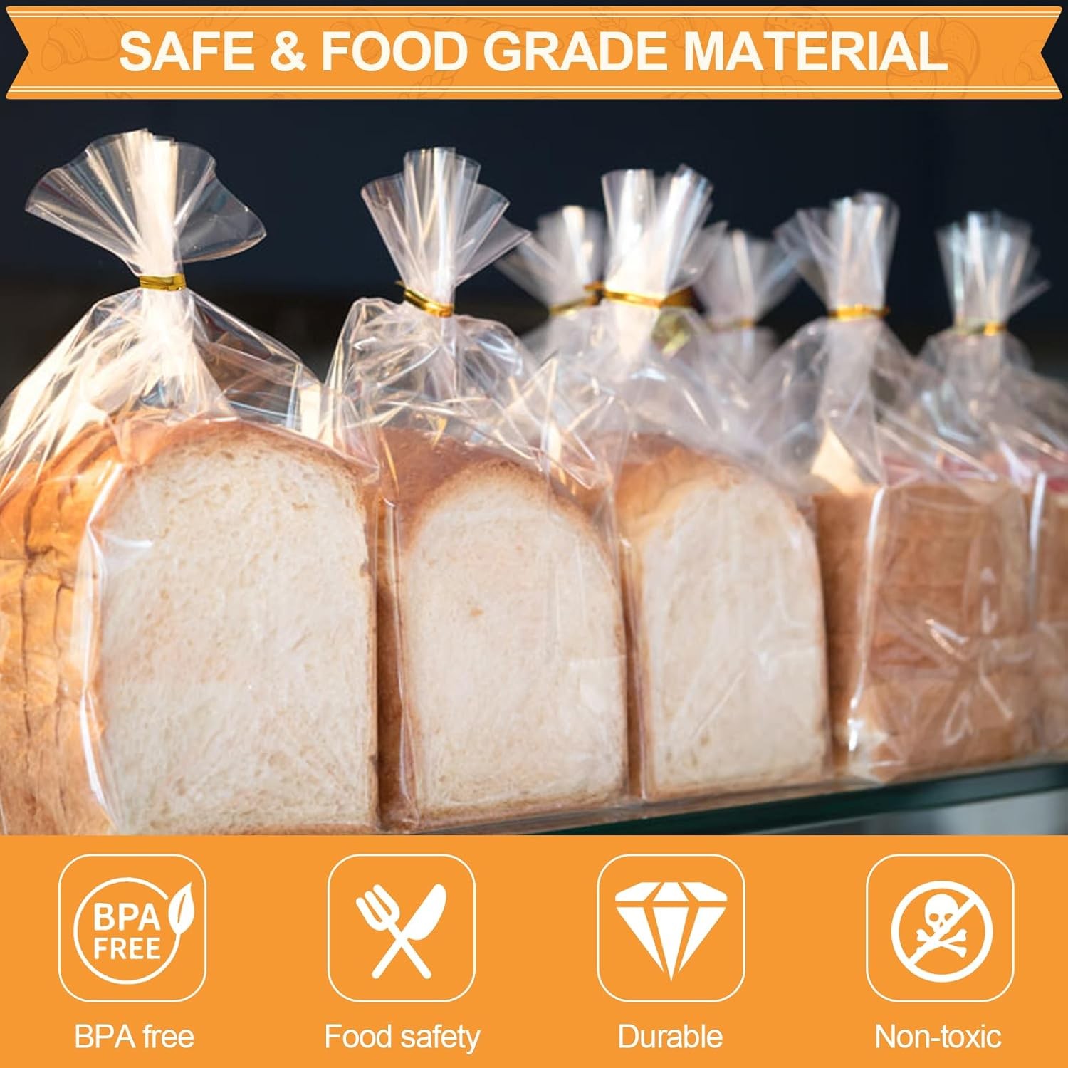 vivinin 70 Pack Bread Bags & 100 Pack Ties, 8" x 4" x 18" Clear Bread Bags for H