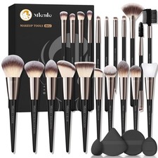 Professional 25-Piece Makeup Brush Set with Sponges and Puffs - B02 Cream Black