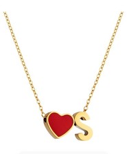 Initial S, Red Enamel Heart. Free moving  Pendant Necklace. Boxed Gift Idea