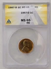 1957-D Lincoln Wheat Cent - ANACS Grade MS65 RB (Red Brown) - FREE SHIPPING!