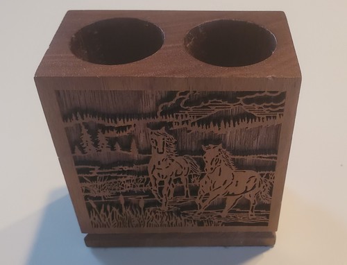 Vintage Lasercraft Walnut Desk Set Horses Pen Pencil Paper Clip Calendar Holder - Picture 3 of 7