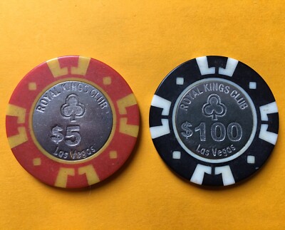 Lot of two Vintage ROYAL KINGS CLUB $5 & $100 Poker Chips LAS VEGAS CASINO