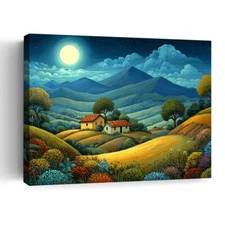 Moonlit Mountain Village Wall Art Canvas Prints Home Decor Picture Framed