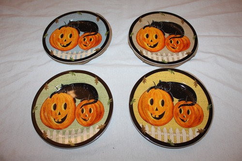 set of 4 warren kimble halloween folk art luncheon dessert plates new old stock - Picture 2 of 3