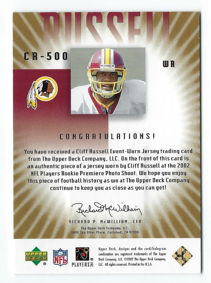 2002 UD GRADED ROOKIE JERSEY GOLD CLIFF RUSSELL CR-500 NRMT /125 UPPER DECK - Image 2 of 2