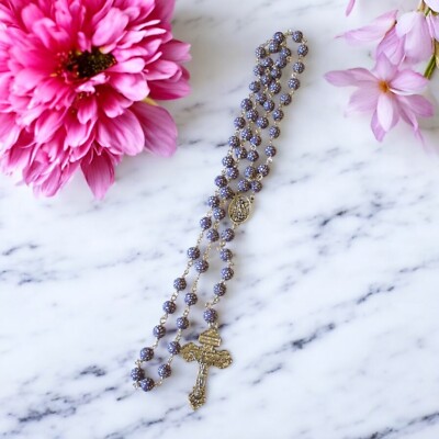 Handmade Lavender and White 5 Decade Catholic Rosary w/Silver Pardon Crucifix