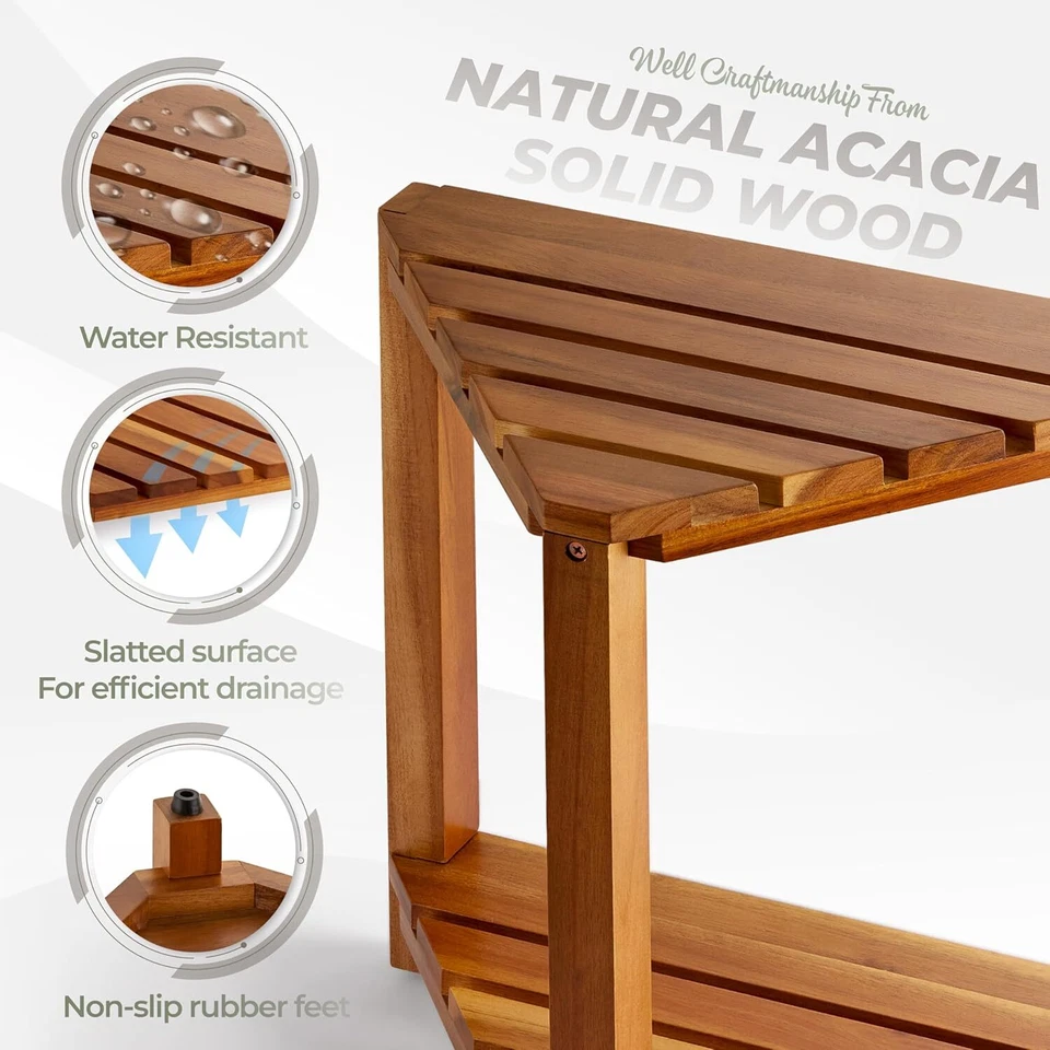 Taburete de Ducha Esquinero, Banco de Madera para Afeitar, Reposapiés Impermeable con Estante Foto 4 de 4