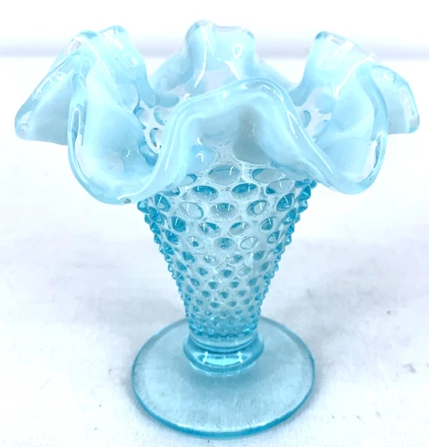 Fenton Blue Opalescent Hobnail Vase Small Miniature 4" Vintage