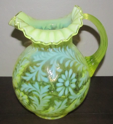 Fenton Daisy & Fern Topaz Glass Pitcher Opalescent Vaseline Art Glass UG Glow