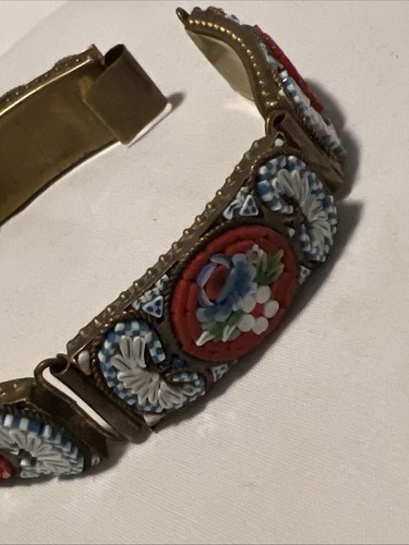 Italian Art Glass Micro Mosaic Link Bracelet Blue White Floral 7.5" - Picture 3 of 13