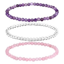3PCS Natural Crystal Beaded Stretch 4MM Bracelet Set Meditation Healing Energy