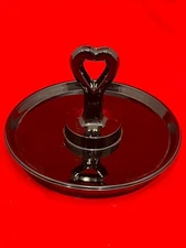 Black Amethyst Glass center handle bon bon tidbit tray 6" heart shaped handle