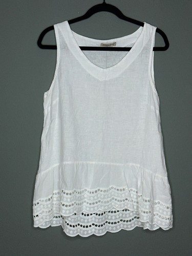 Valentina Naldi Medium Made in Italy Linen Lace Trim Eyelet White Tank Top